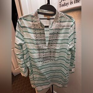 Michael Kors Green and White Striped Top with Embellishments